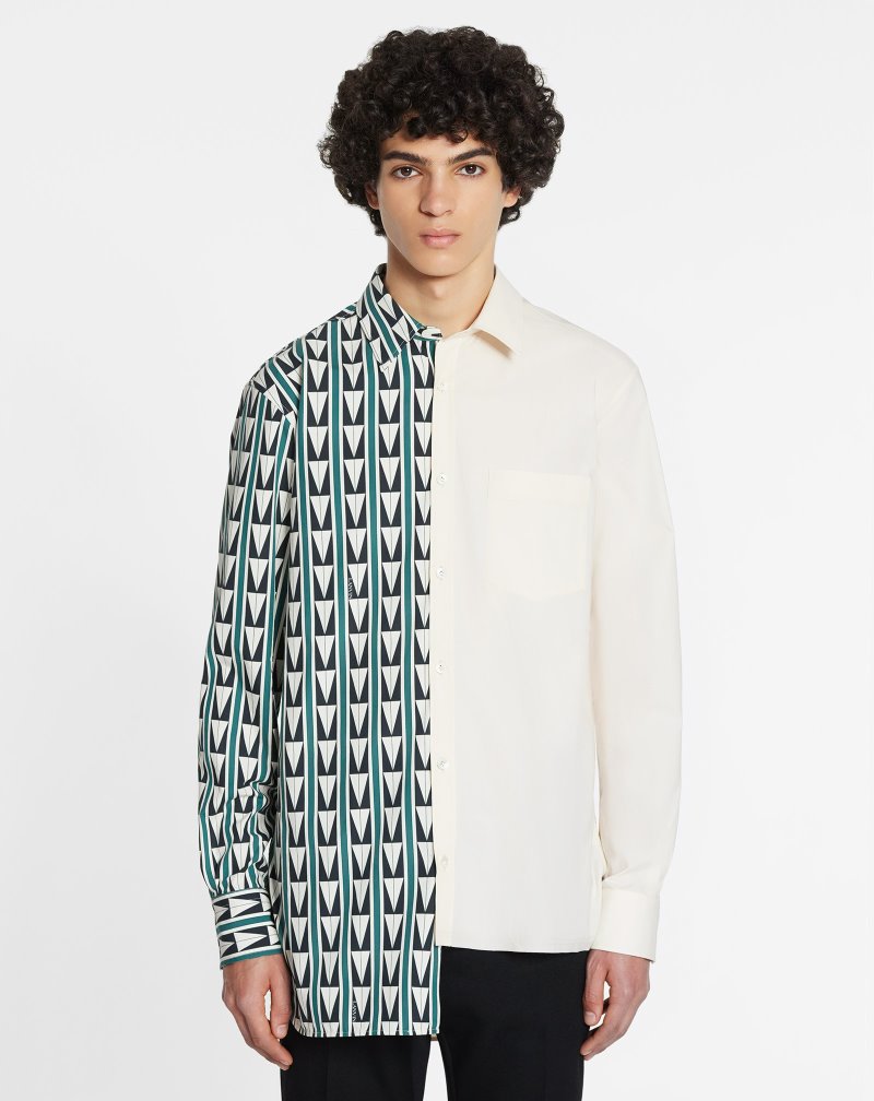 πουκαμισα Lanvin Dual-print Shirts With Art Deco-inspired Triangles ανδρικα πρασινο Μπεζ | GR85518