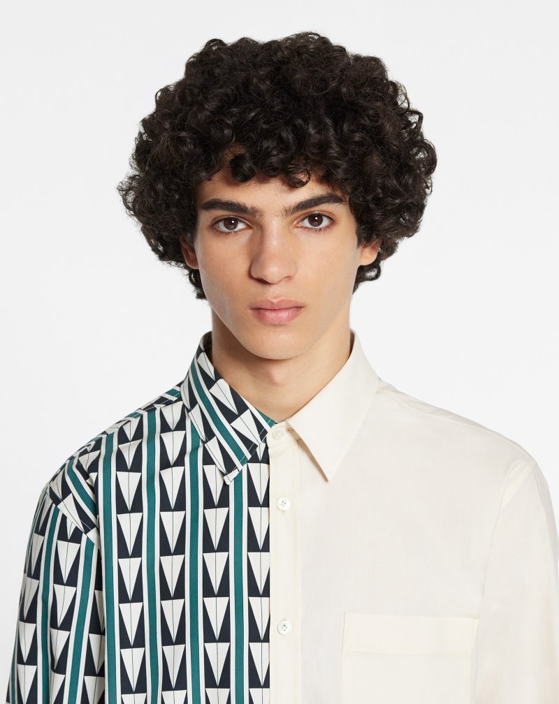 πουκαμισα Lanvin Dual-print Shirts With Art Deco-inspired Triangles ανδρικα πρασινο Μπεζ | GR85518