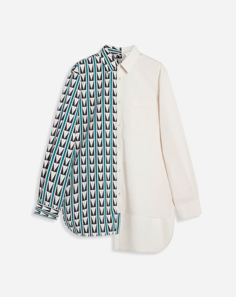 πουκαμισα Lanvin Dual-print Shirts With Art Deco-inspired Triangles ανδρικα πρασινο Μπεζ | GR85518