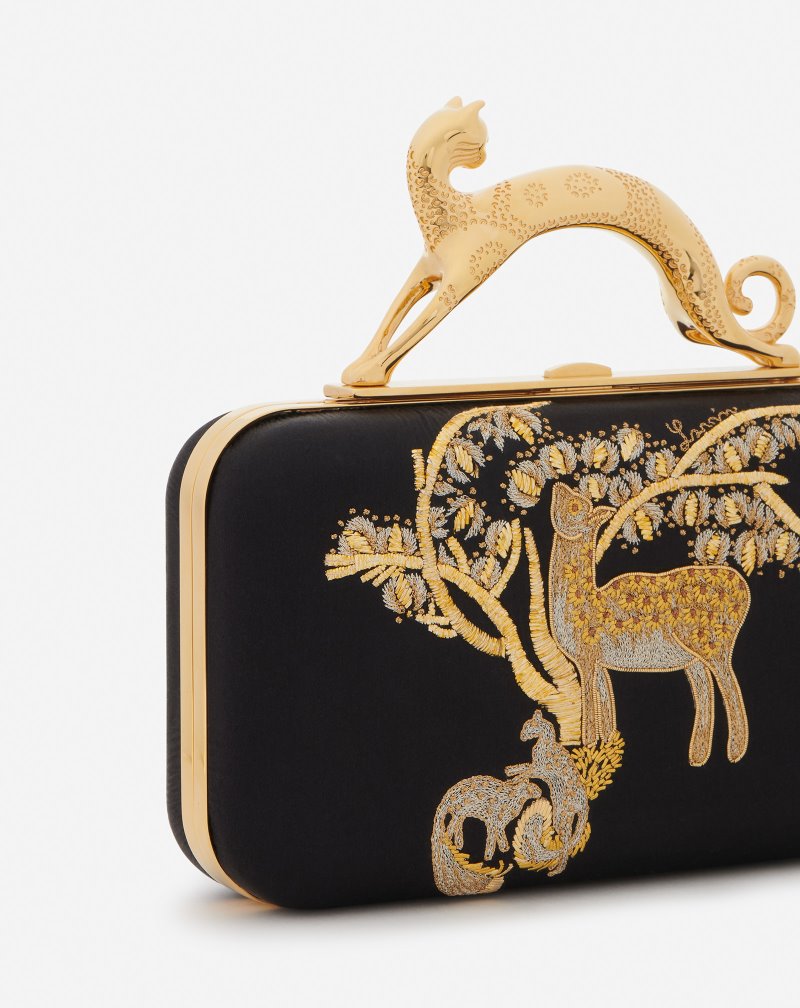 τσαντα Lanvin Embroidered Satin Minaudière γυναικεια μαυρα χρυσο χρωμα | GR57662