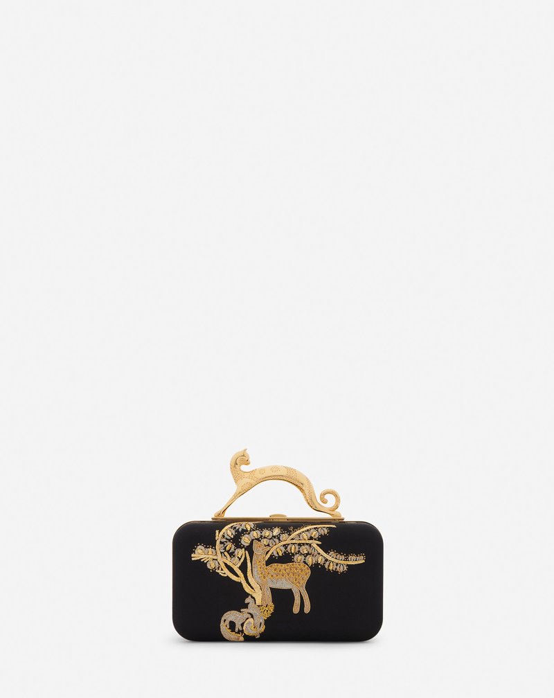 τσαντα Lanvin Embroidered Satin Minaudière γυναικεια μαυρα χρυσο χρωμα | GR57662